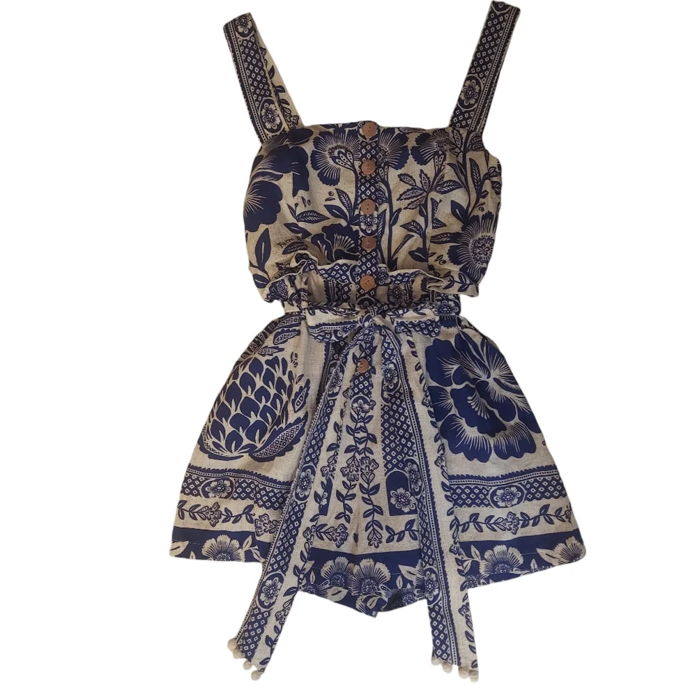 FARM Rio Blue and White Floral Belted Romper - Picture 3 of 9